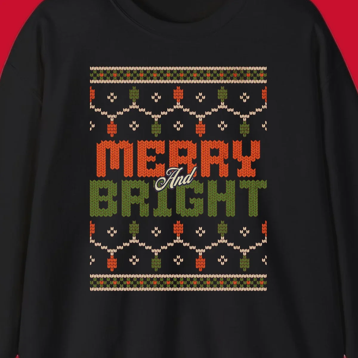 Merry And Bright ugly Christmas sweater design with festive patterns.