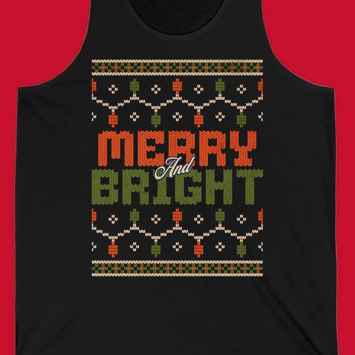 Merry And Bright ugly Christmas sweater design with festive patterns.