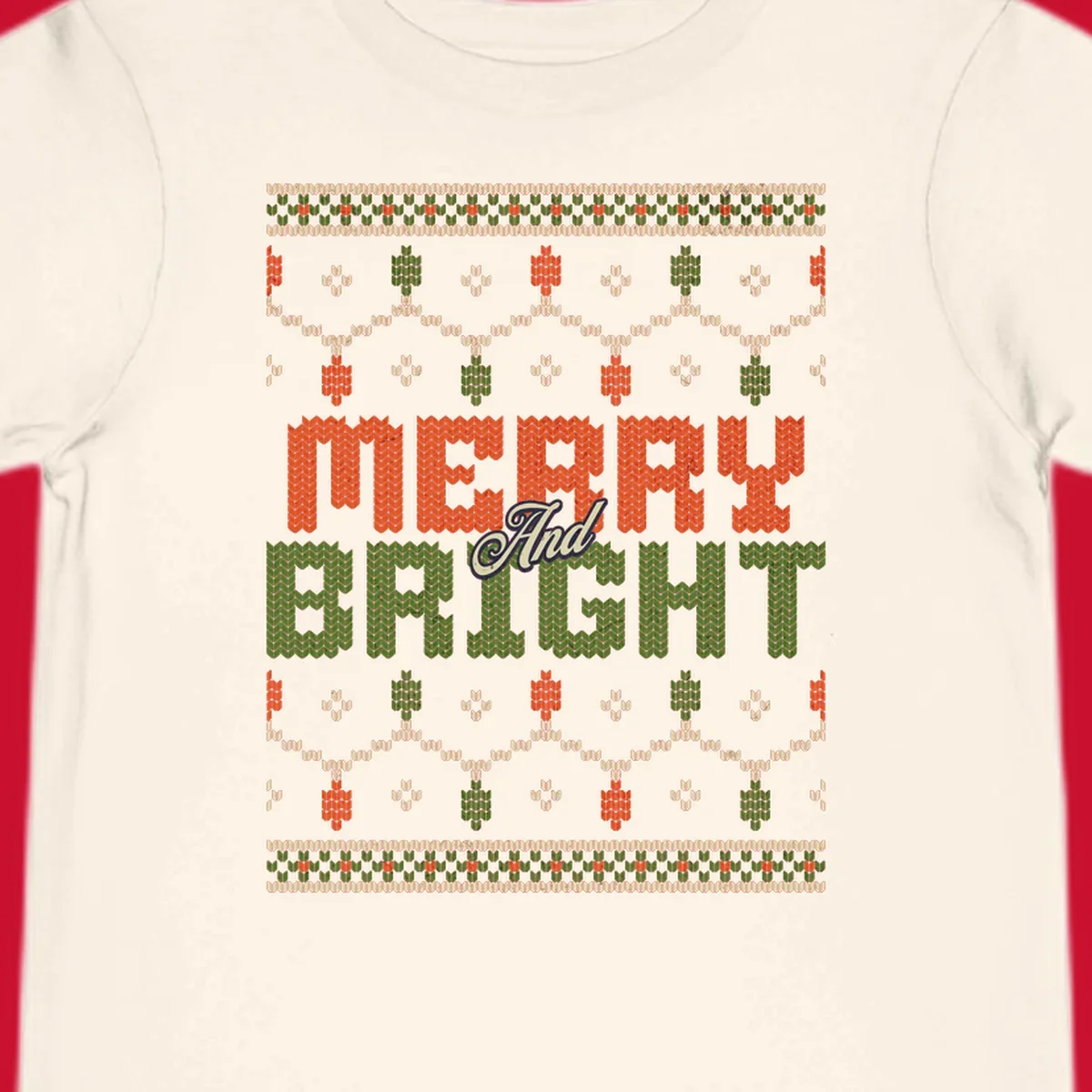 Merry And Bright ugly Christmas sweater design with festive patterns.