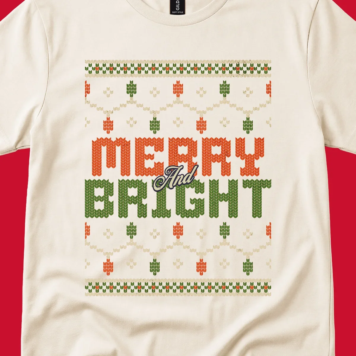 Merry And Bright ugly Christmas sweater design with festive patterns.