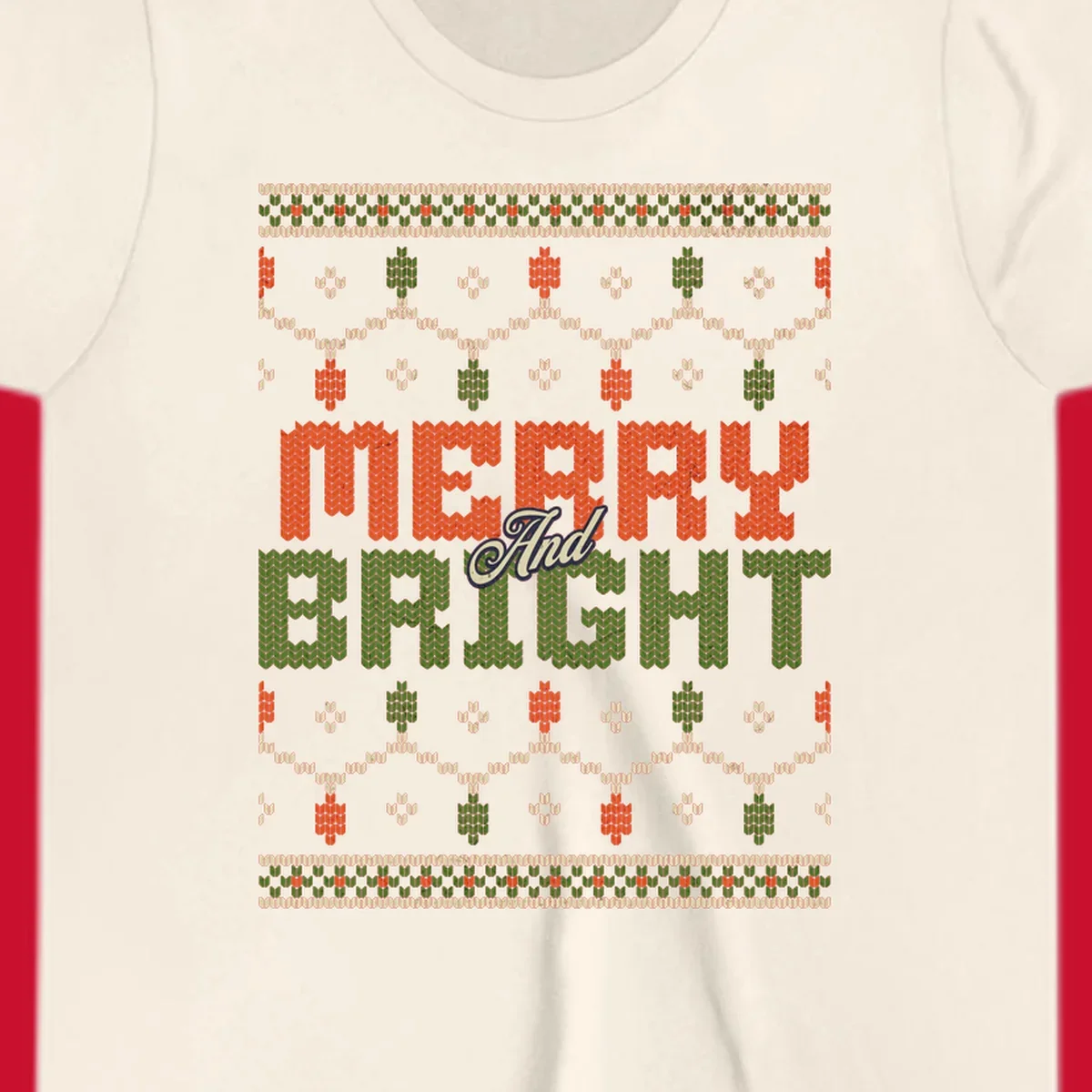 Merry And Bright ugly Christmas sweater design with festive patterns.