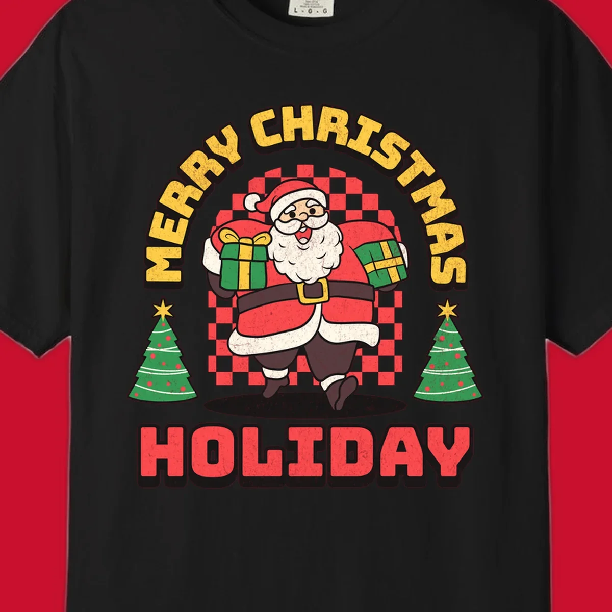 Santa Claus holding gifts and Christmas trees with MERRY CHRISTMAS HOLIDAY text.