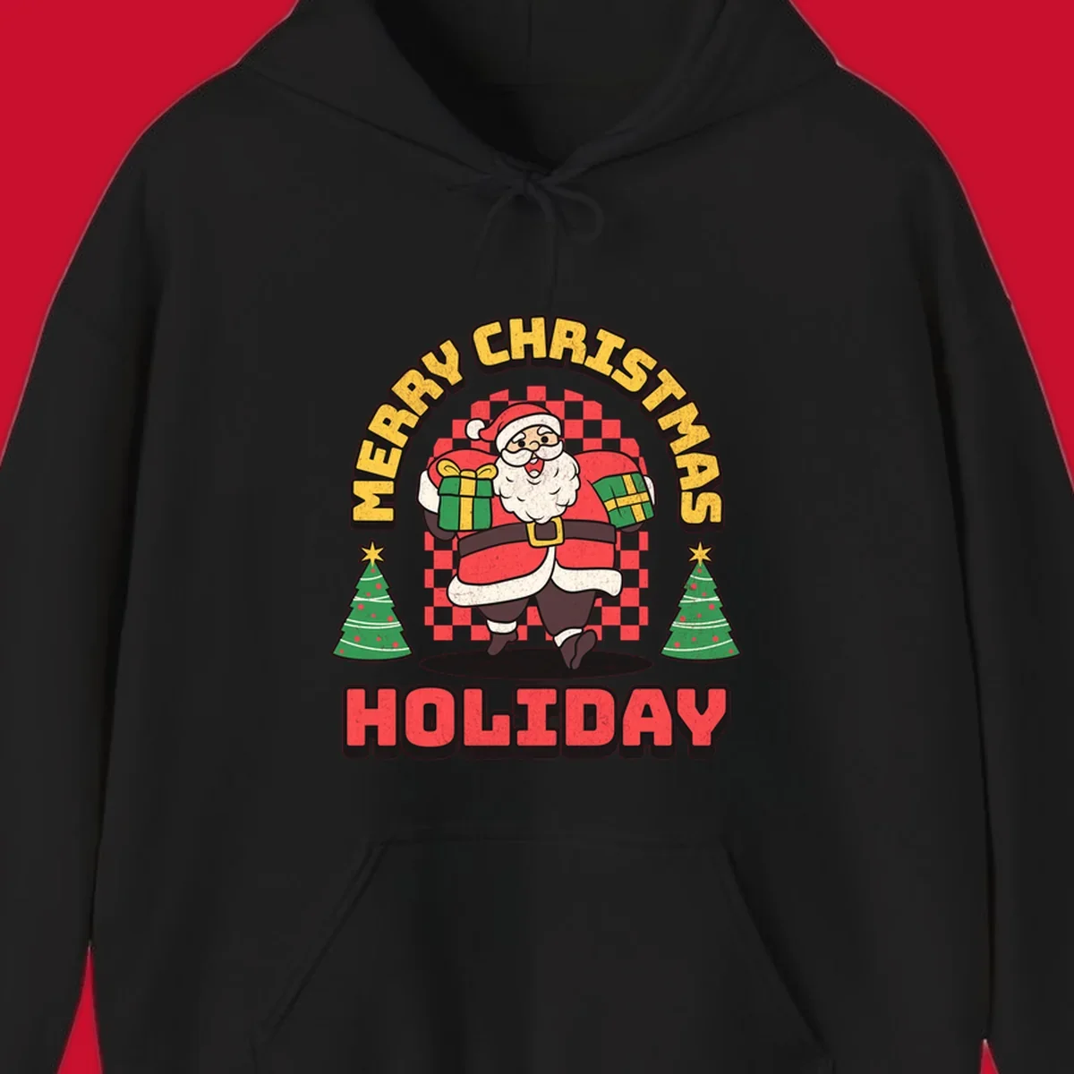Santa Claus holding gifts and Christmas trees with MERRY CHRISTMAS HOLIDAY text.