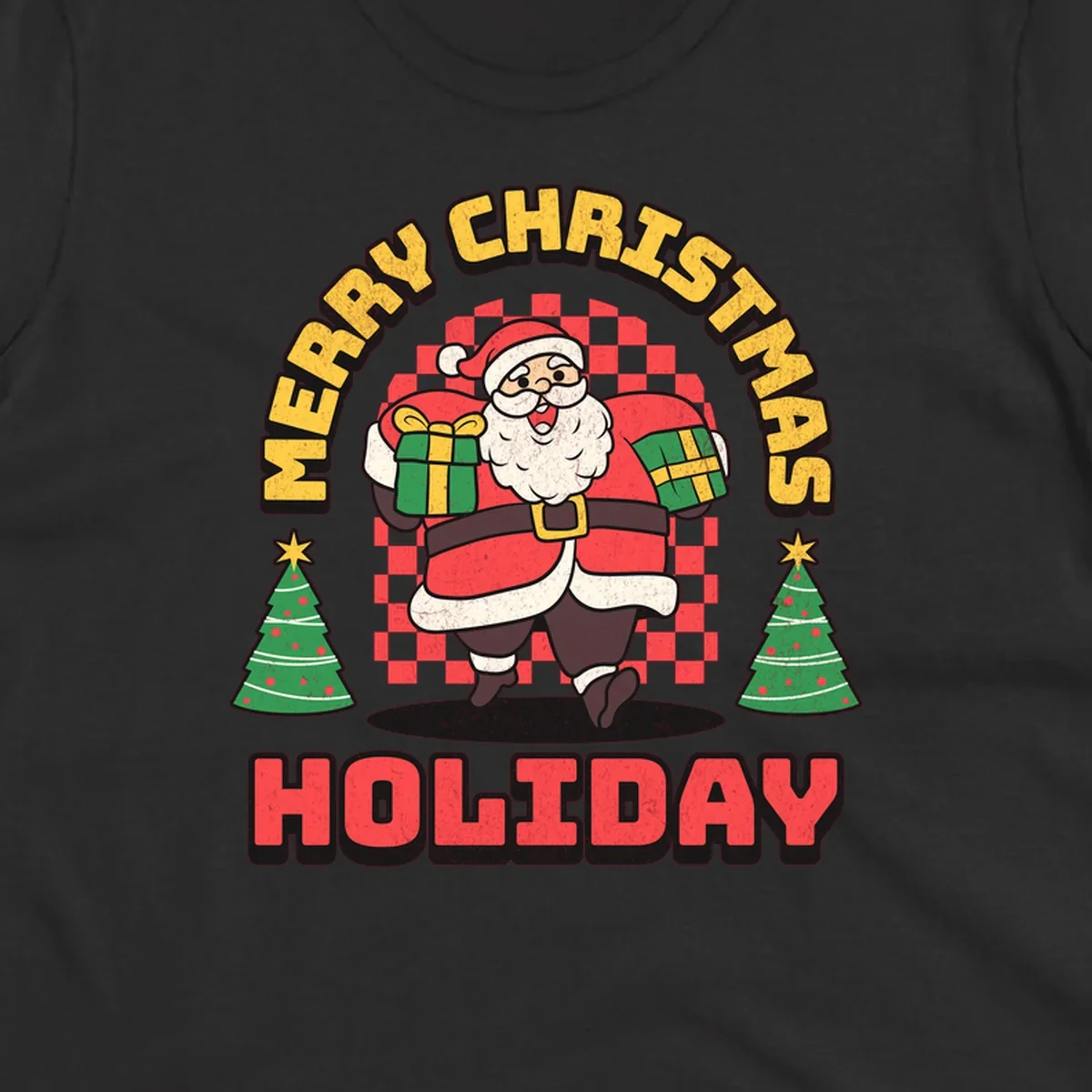 Santa Claus holding gifts and Christmas trees with MERRY CHRISTMAS HOLIDAY text.
