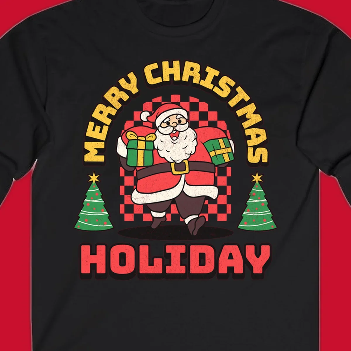 Santa Claus holding gifts and Christmas trees with MERRY CHRISTMAS HOLIDAY text.