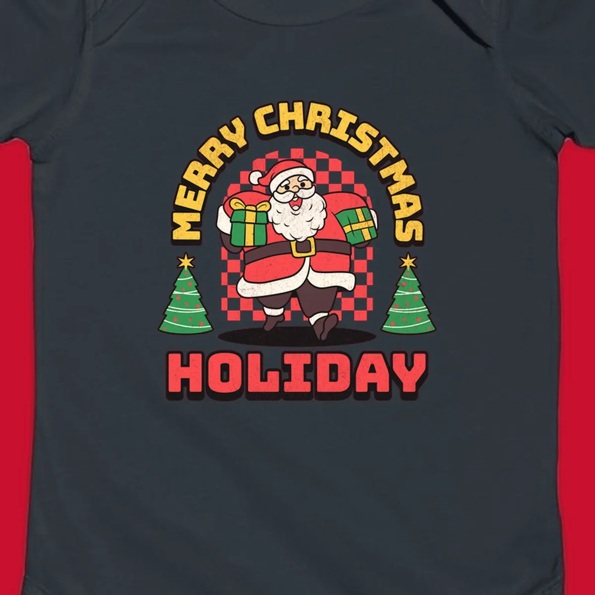 Santa Claus holding gifts and Christmas trees with MERRY CHRISTMAS HOLIDAY text.