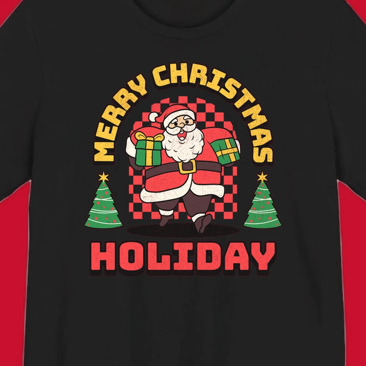 Santa Claus holding gifts and Christmas trees with MERRY CHRISTMAS HOLIDAY text.