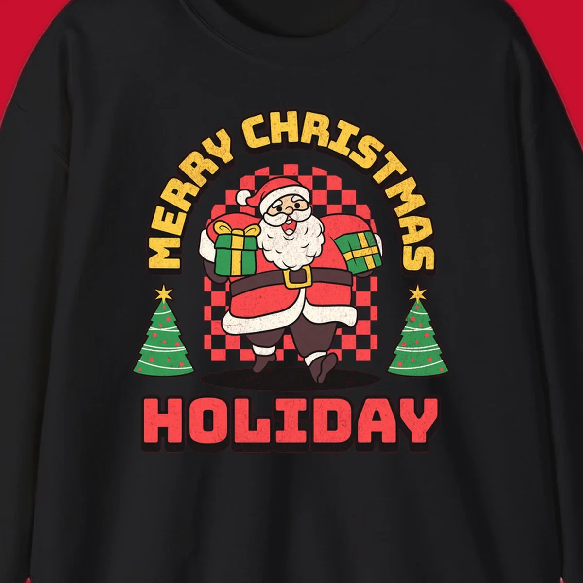 Santa Claus holding gifts and Christmas trees with MERRY CHRISTMAS HOLIDAY text.