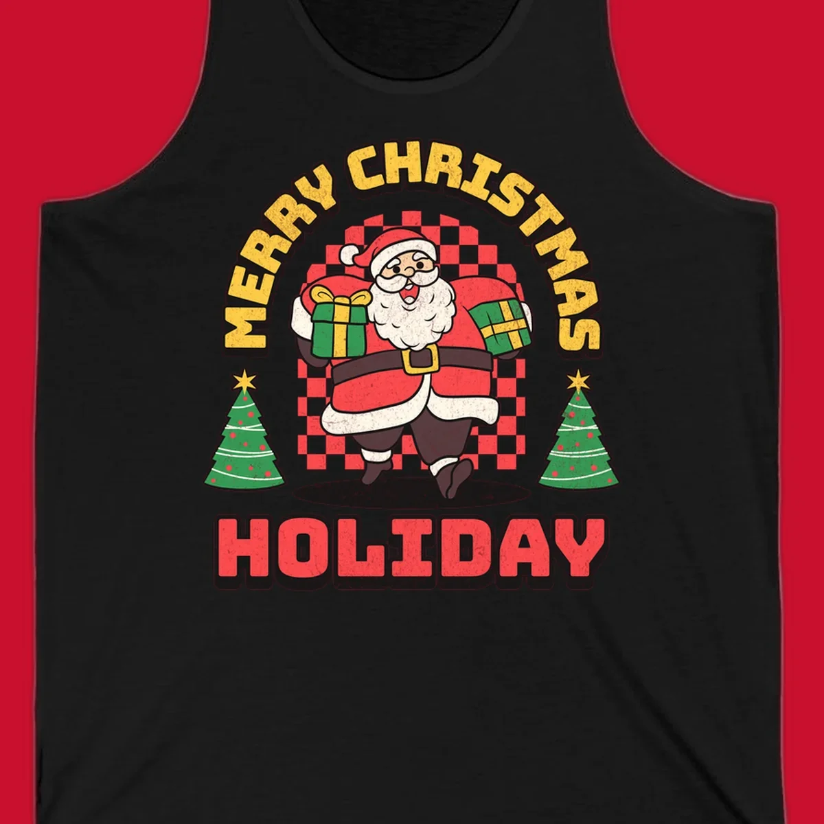 Santa Claus holding gifts and Christmas trees with MERRY CHRISTMAS HOLIDAY text.