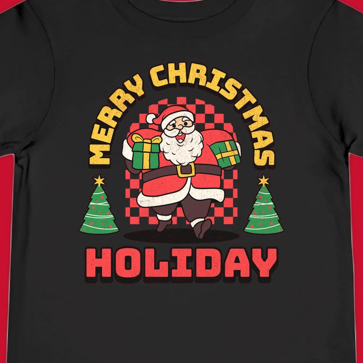 Santa Claus holding gifts and Christmas trees with MERRY CHRISTMAS HOLIDAY text.