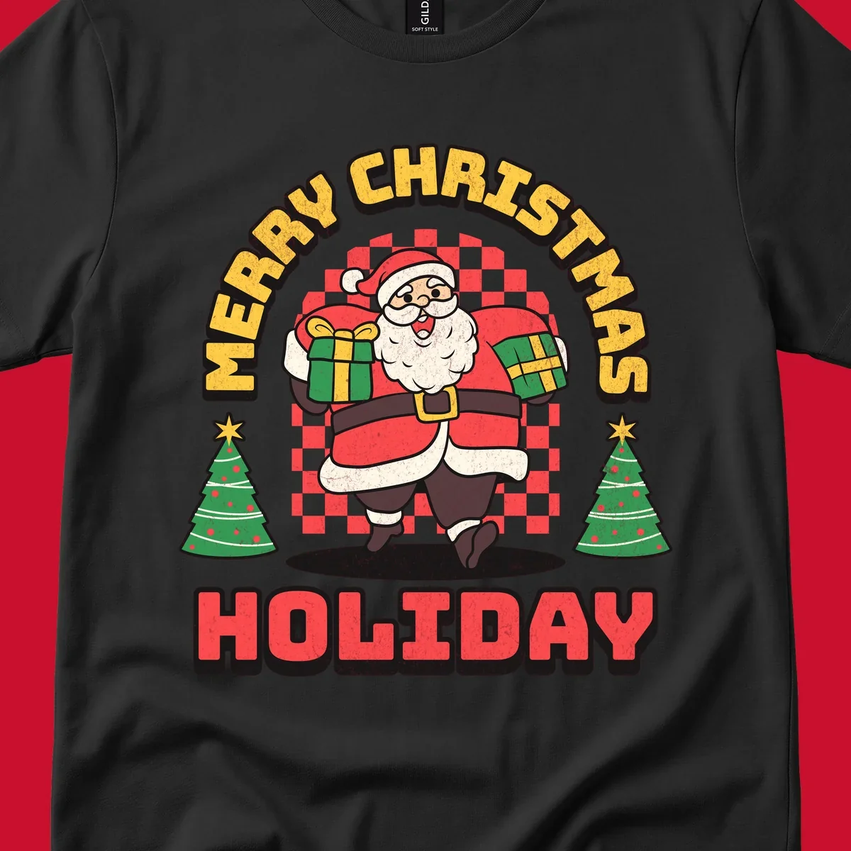 Santa Claus holding gifts and Christmas trees with MERRY CHRISTMAS HOLIDAY text.