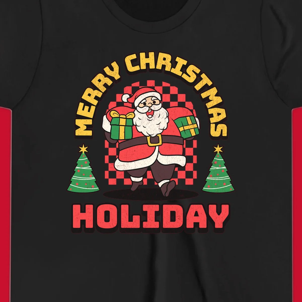 Santa Claus holding gifts and Christmas trees with MERRY CHRISTMAS HOLIDAY text.