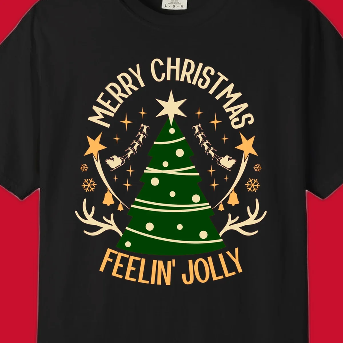 Christmas tree with 'Merry Christmas Feelin' Jolly' text, surrounded by festive holiday elements.
