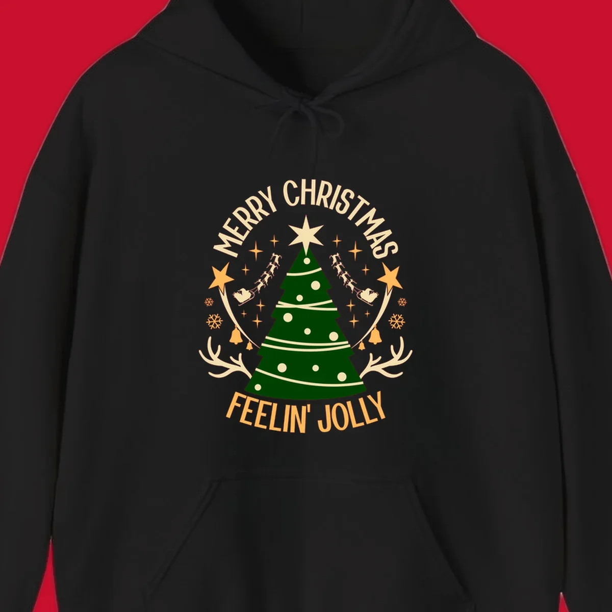 Christmas tree with 'Merry Christmas Feelin' Jolly' text, surrounded by festive holiday elements.
