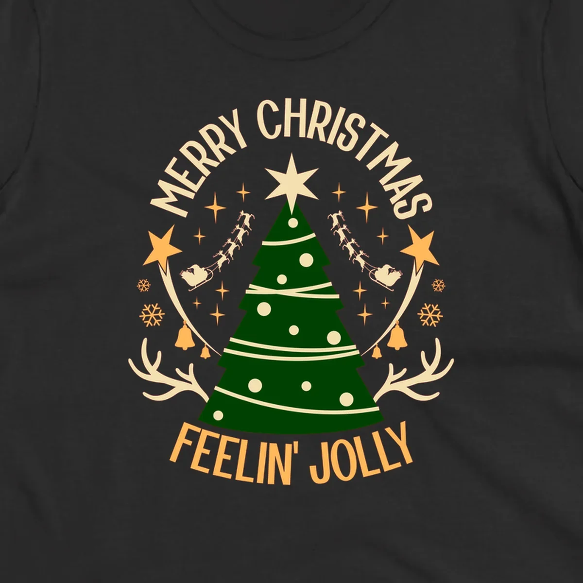 Christmas tree with 'Merry Christmas Feelin' Jolly' text, surrounded by festive holiday elements.