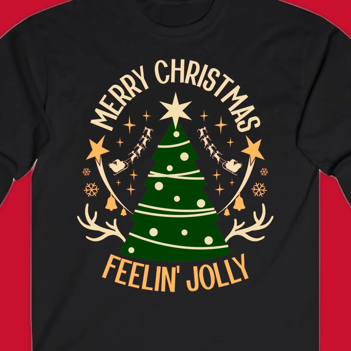 Christmas tree with 'Merry Christmas Feelin' Jolly' text, surrounded by festive holiday elements.