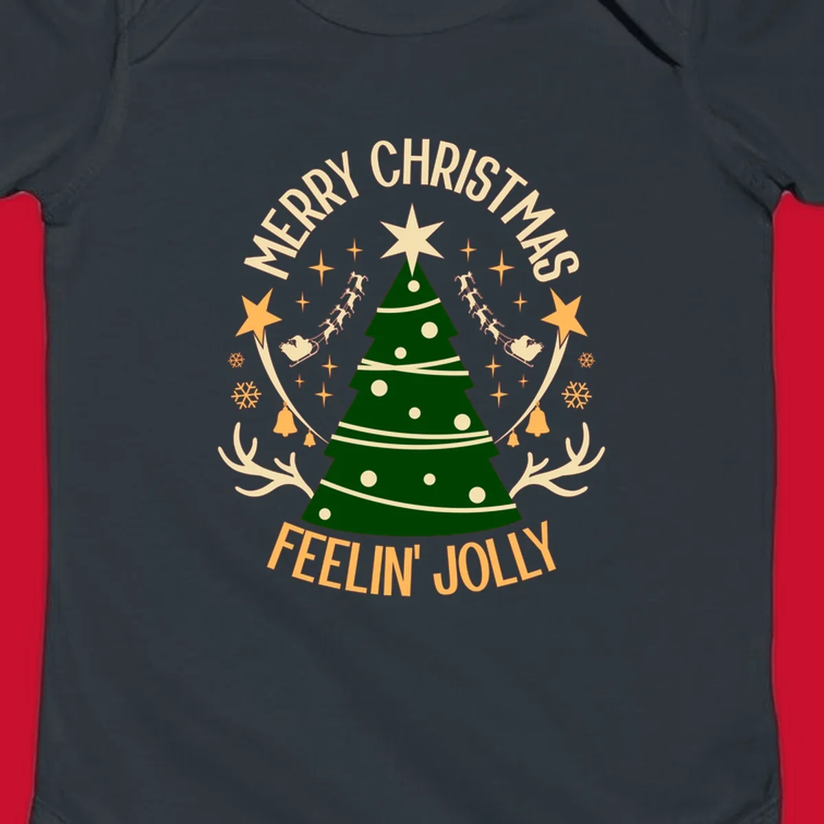 Christmas tree with 'Merry Christmas Feelin' Jolly' text, surrounded by festive holiday elements.