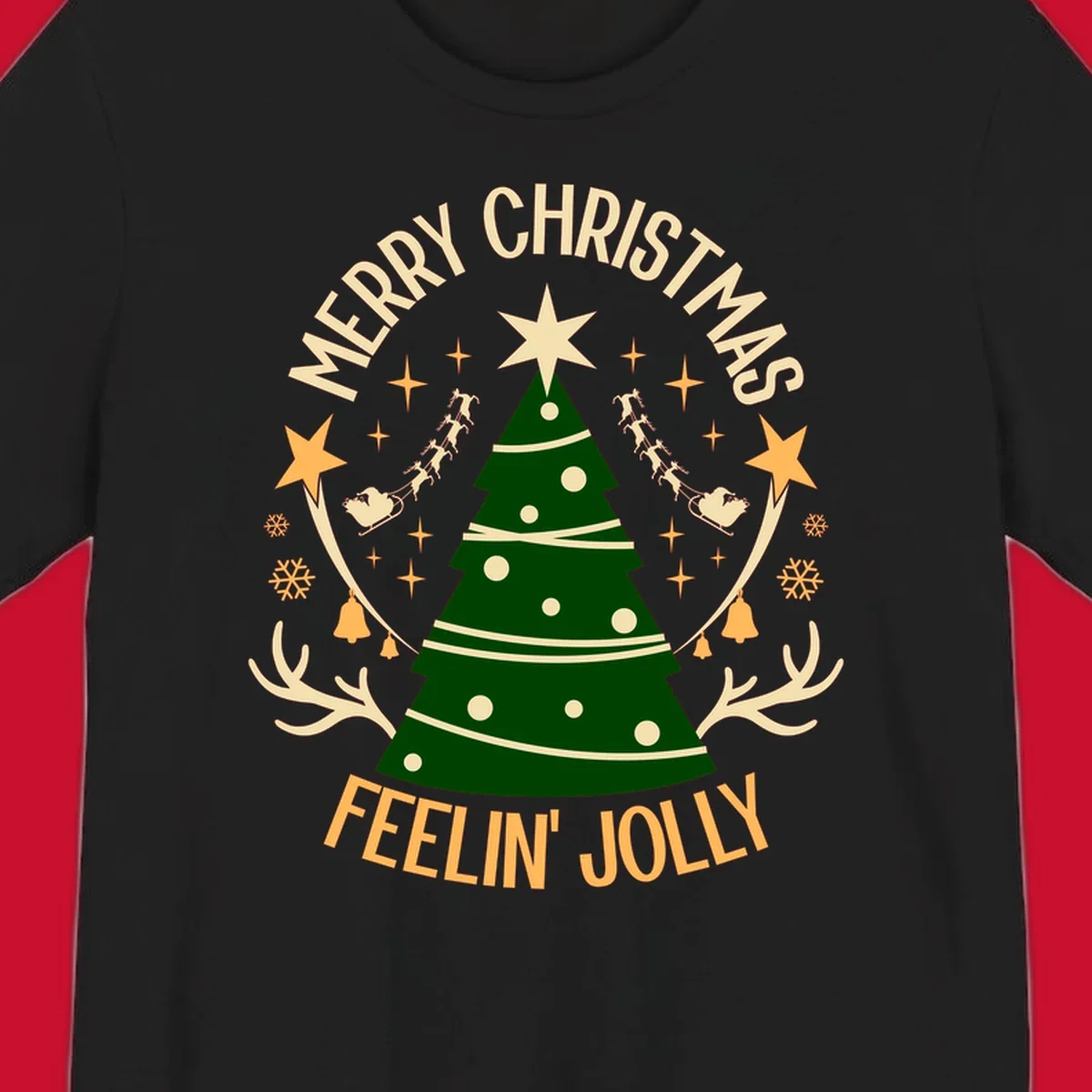 Christmas tree with 'Merry Christmas Feelin' Jolly' text, surrounded by festive holiday elements.