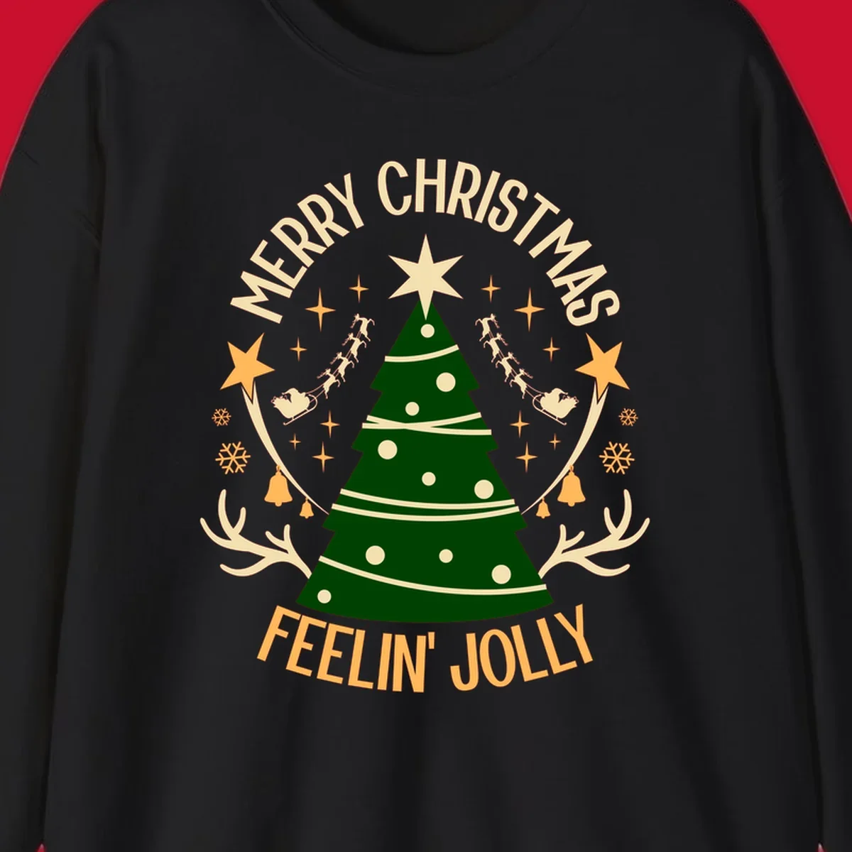 Christmas tree with 'Merry Christmas Feelin' Jolly' text, surrounded by festive holiday elements.