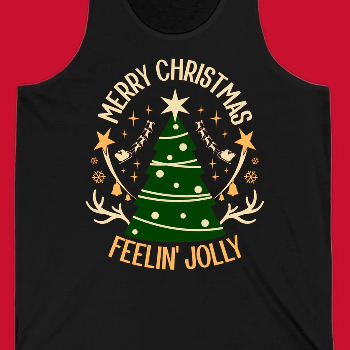 Christmas tree with 'Merry Christmas Feelin' Jolly' text, surrounded by festive holiday elements.
