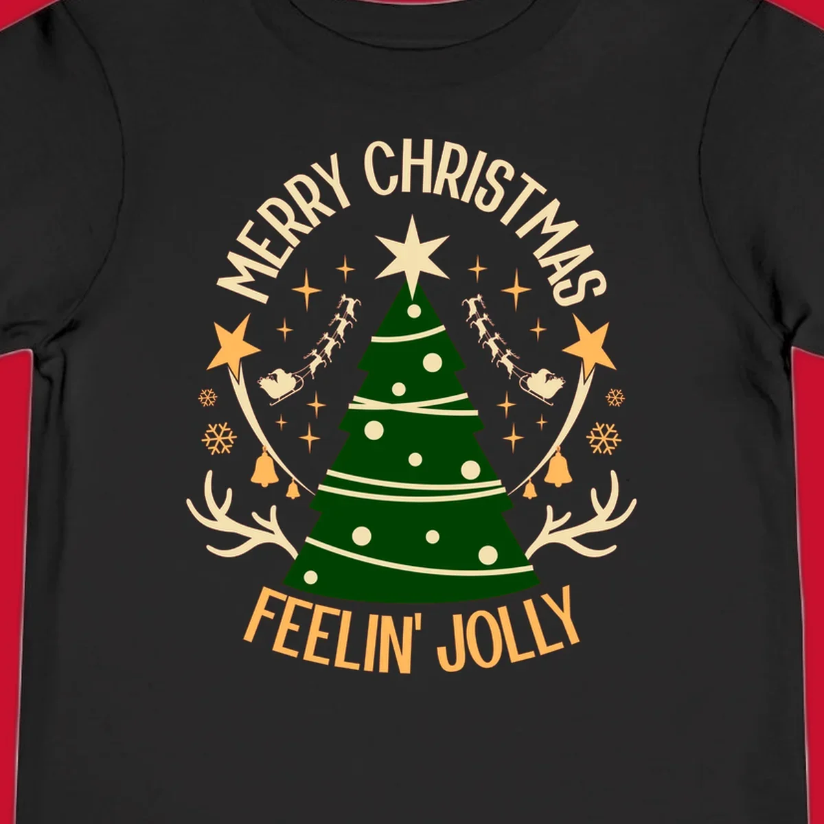 Christmas tree with 'Merry Christmas Feelin' Jolly' text, surrounded by festive holiday elements.