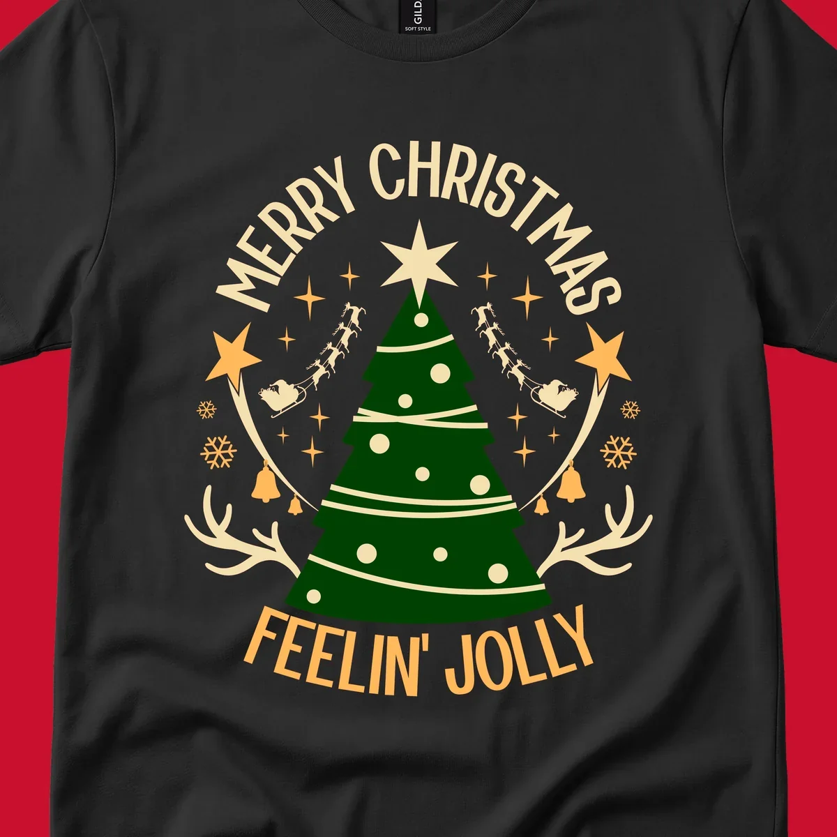 Christmas tree with 'Merry Christmas Feelin' Jolly' text, surrounded by festive holiday elements.
