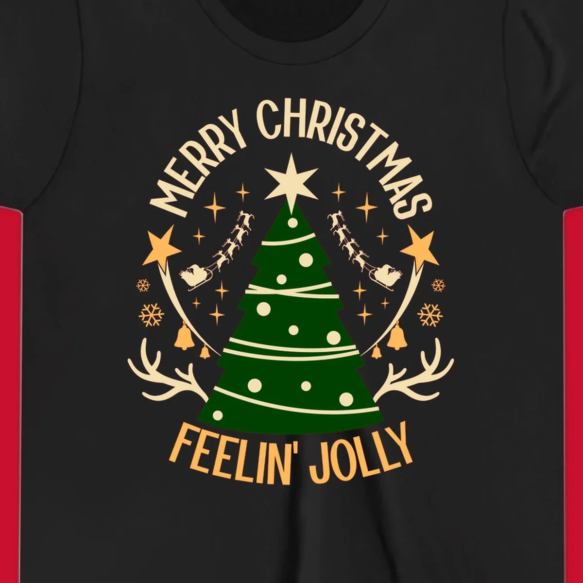 Christmas tree with 'Merry Christmas Feelin' Jolly' text, surrounded by festive holiday elements.