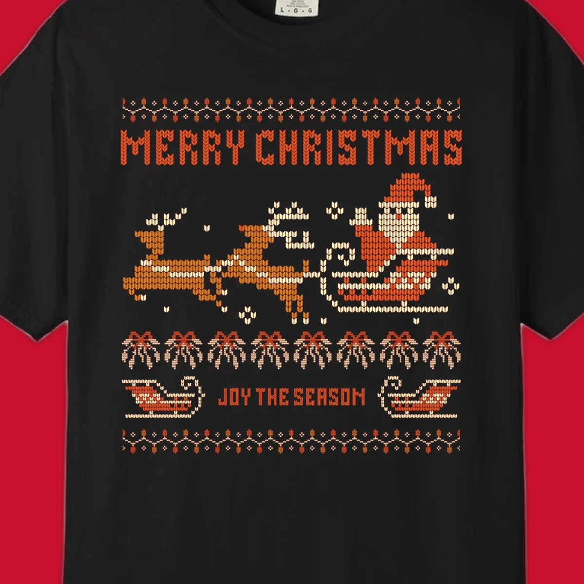 Santa sleigh and reindeer with Merry Christmas text, ugly holiday design.