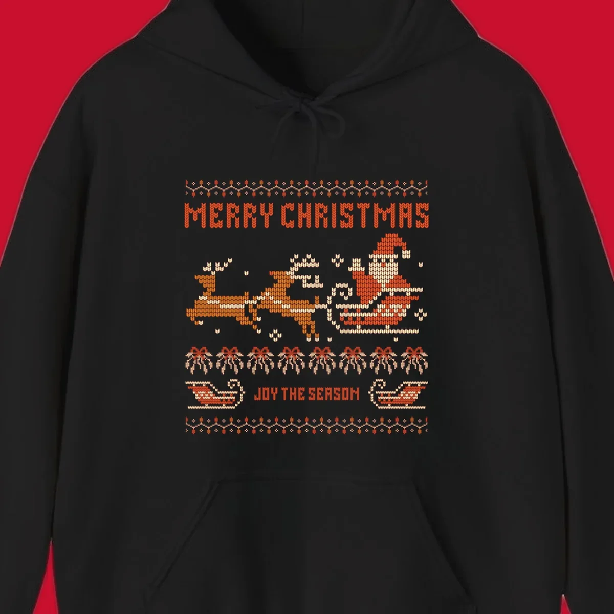 Santa sleigh and reindeer with Merry Christmas text, ugly holiday design.