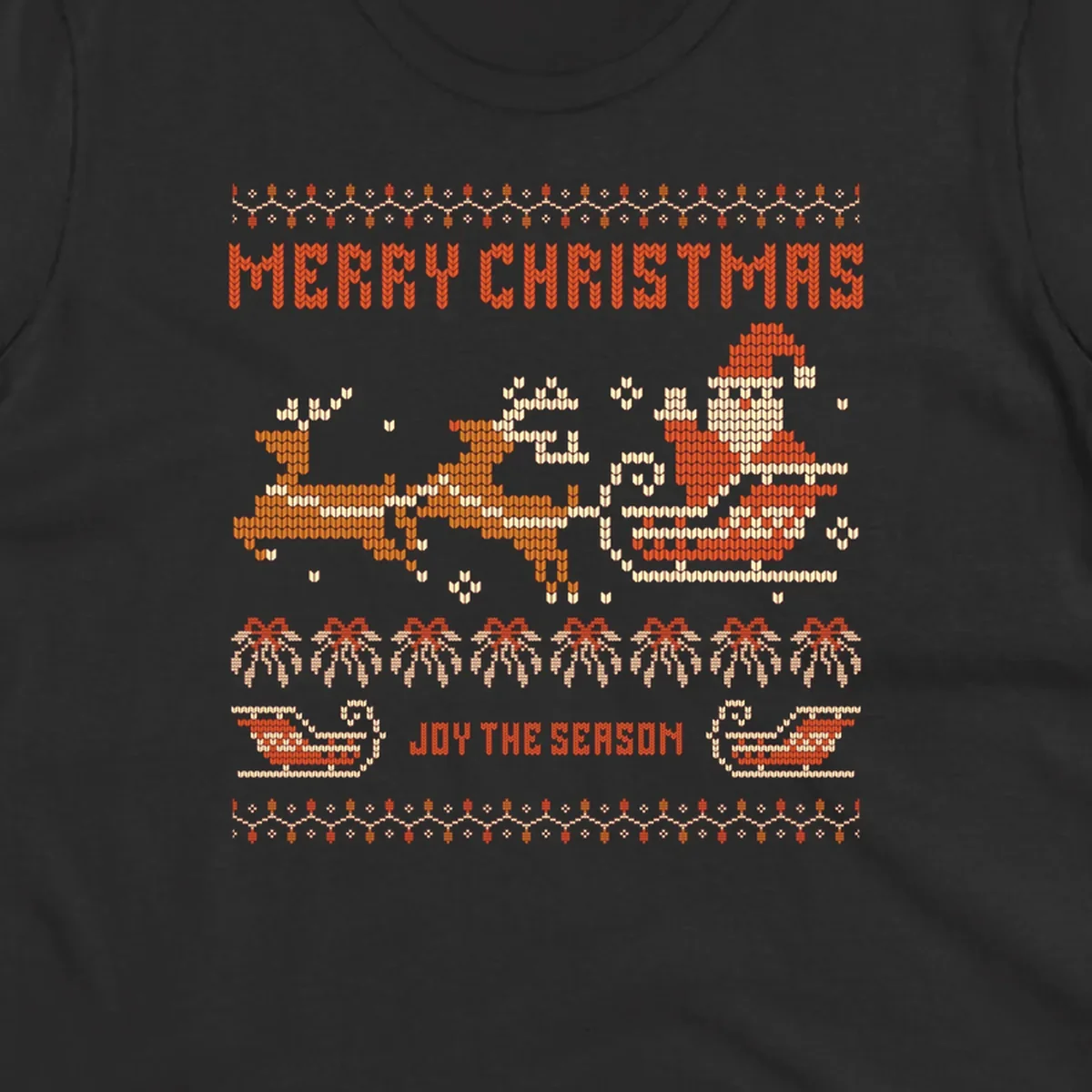 Santa sleigh and reindeer with Merry Christmas text, ugly holiday design.