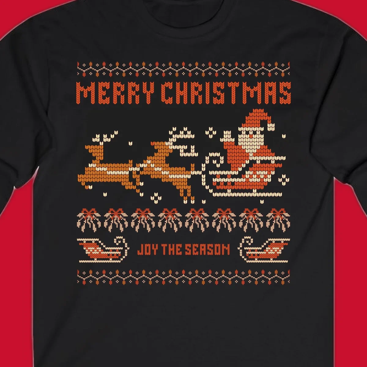 Santa sleigh and reindeer with Merry Christmas text, ugly holiday design.