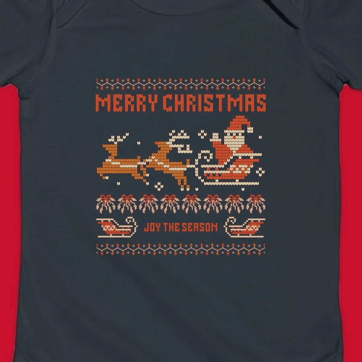 Santa sleigh and reindeer with Merry Christmas text, ugly holiday design.