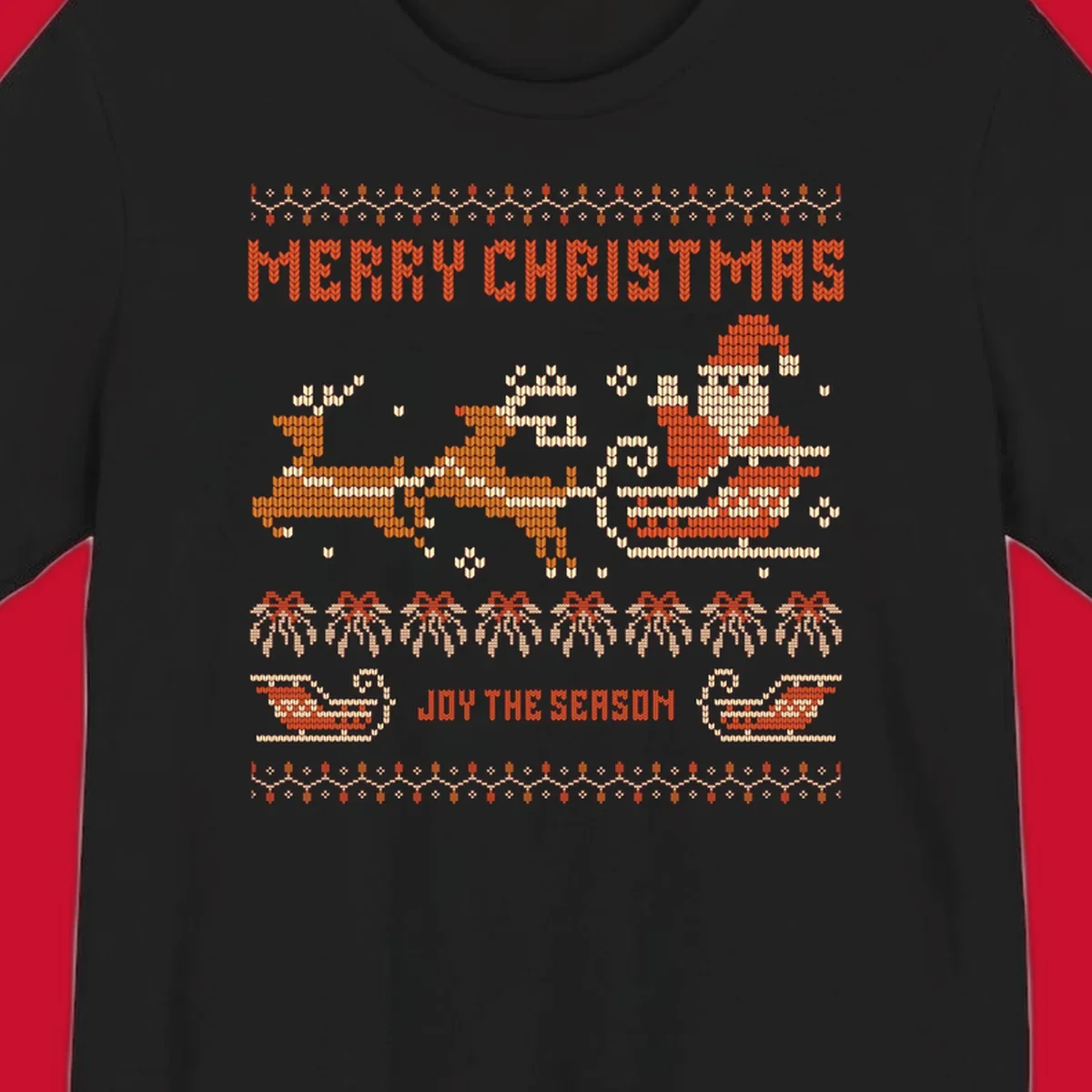 Santa sleigh and reindeer with Merry Christmas text, ugly holiday design.