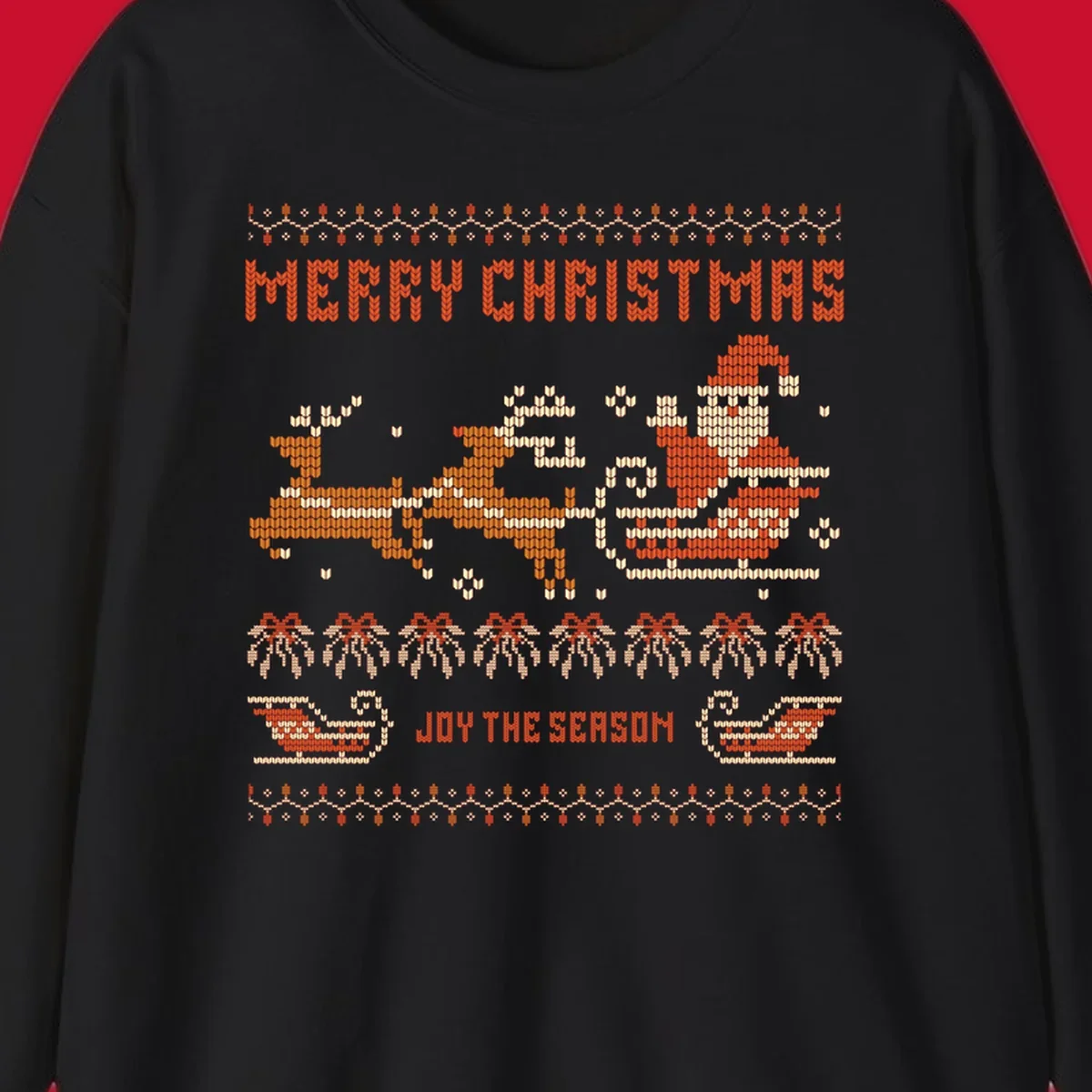 Santa sleigh and reindeer with Merry Christmas text, ugly holiday design.