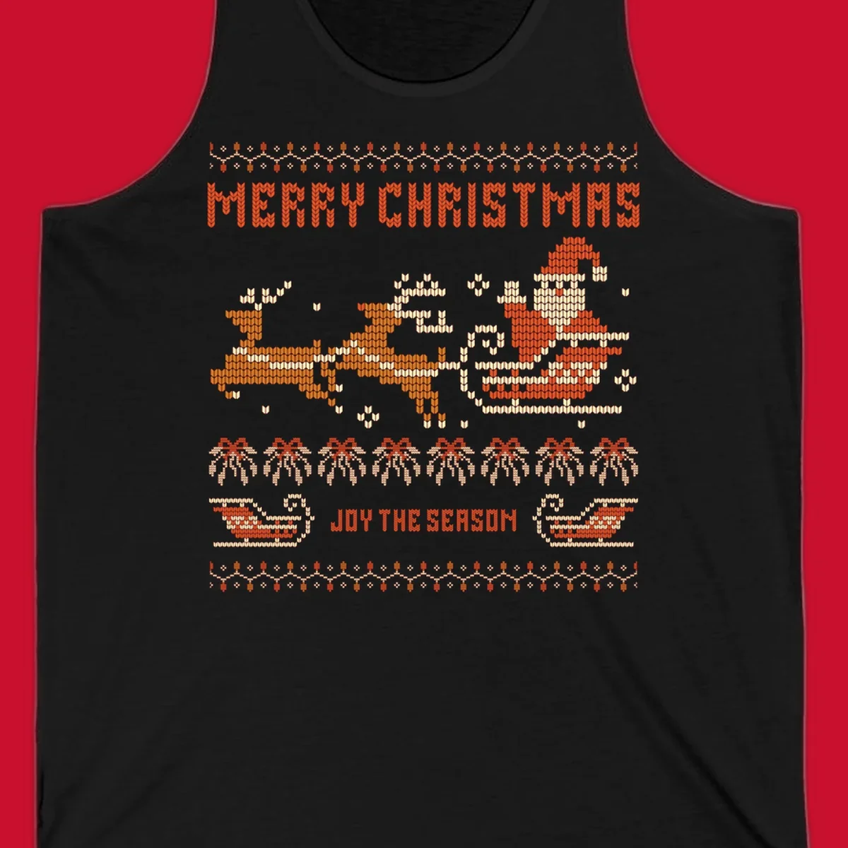 Santa sleigh and reindeer with Merry Christmas text, ugly holiday design.