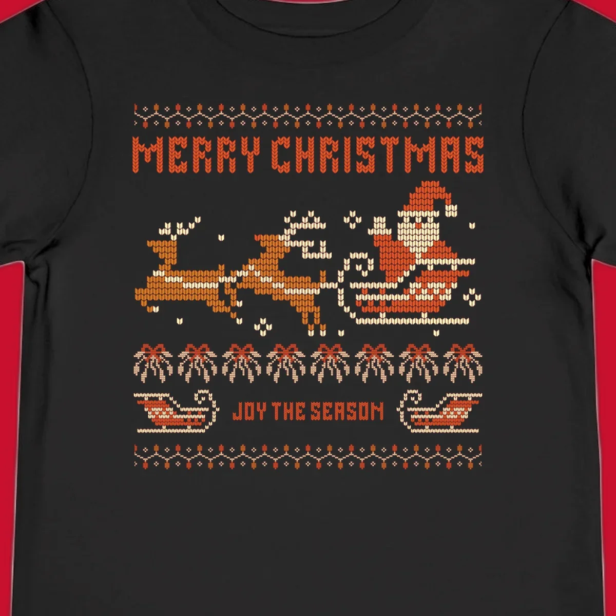 Santa sleigh and reindeer with Merry Christmas text, ugly holiday design.