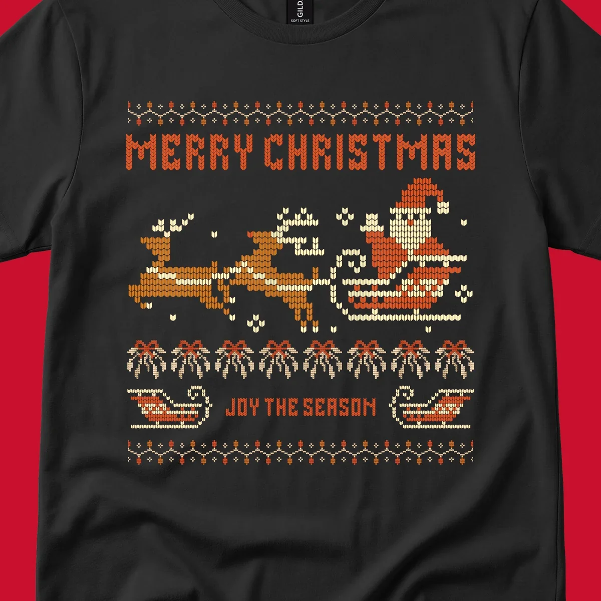 Santa sleigh and reindeer with Merry Christmas text, ugly holiday design.