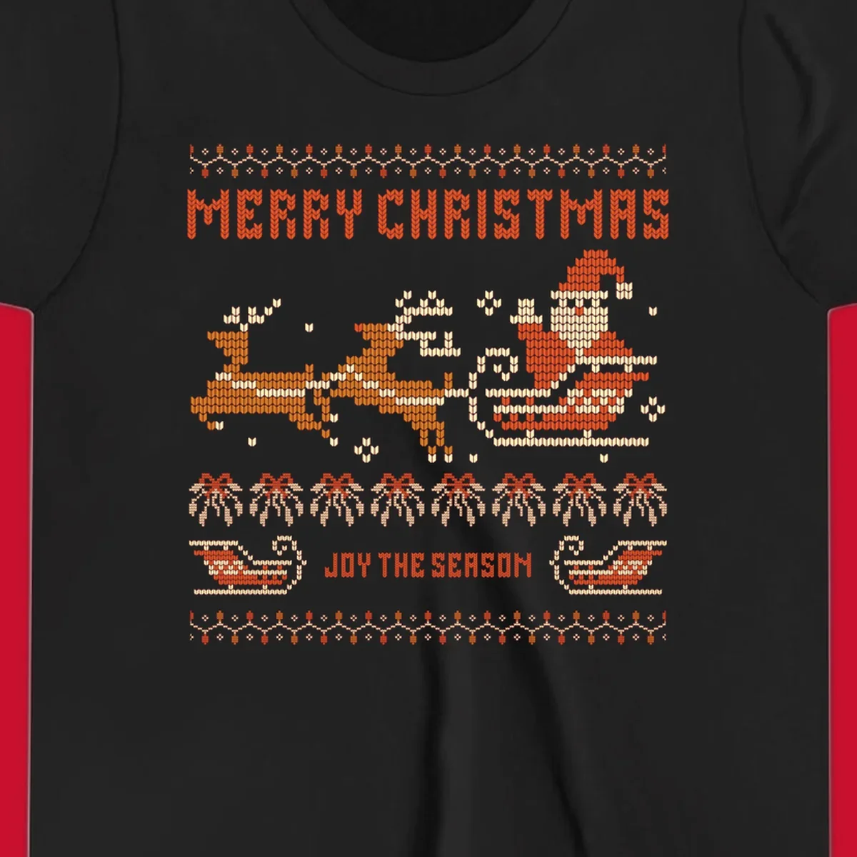 Santa sleigh and reindeer with Merry Christmas text, ugly holiday design.