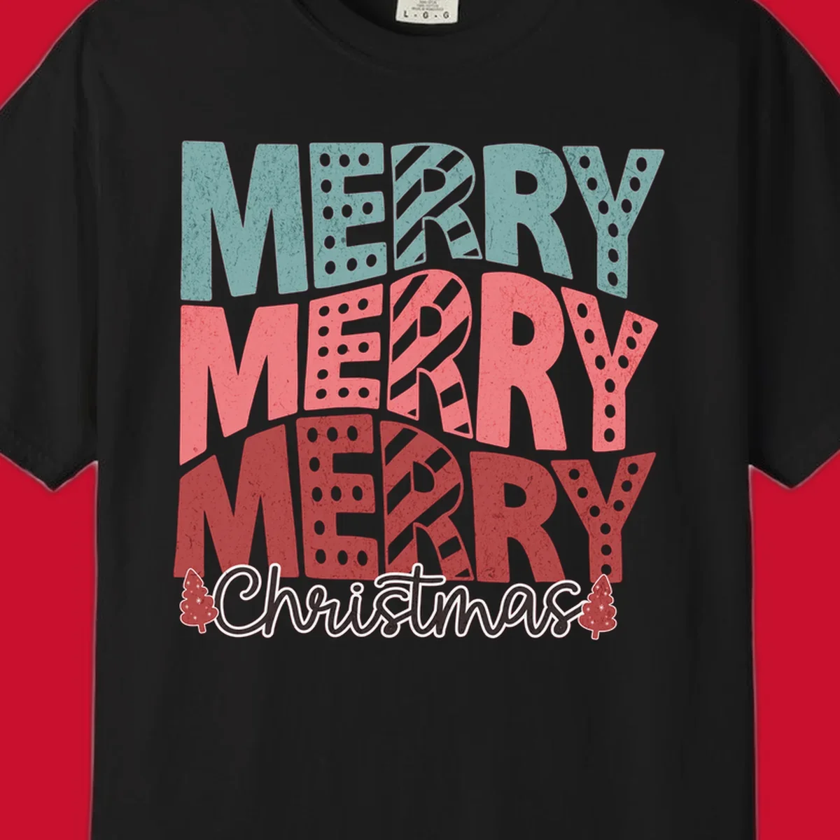 Merry Merry Merry Christmas text design with stacked letters and Christmas trees.