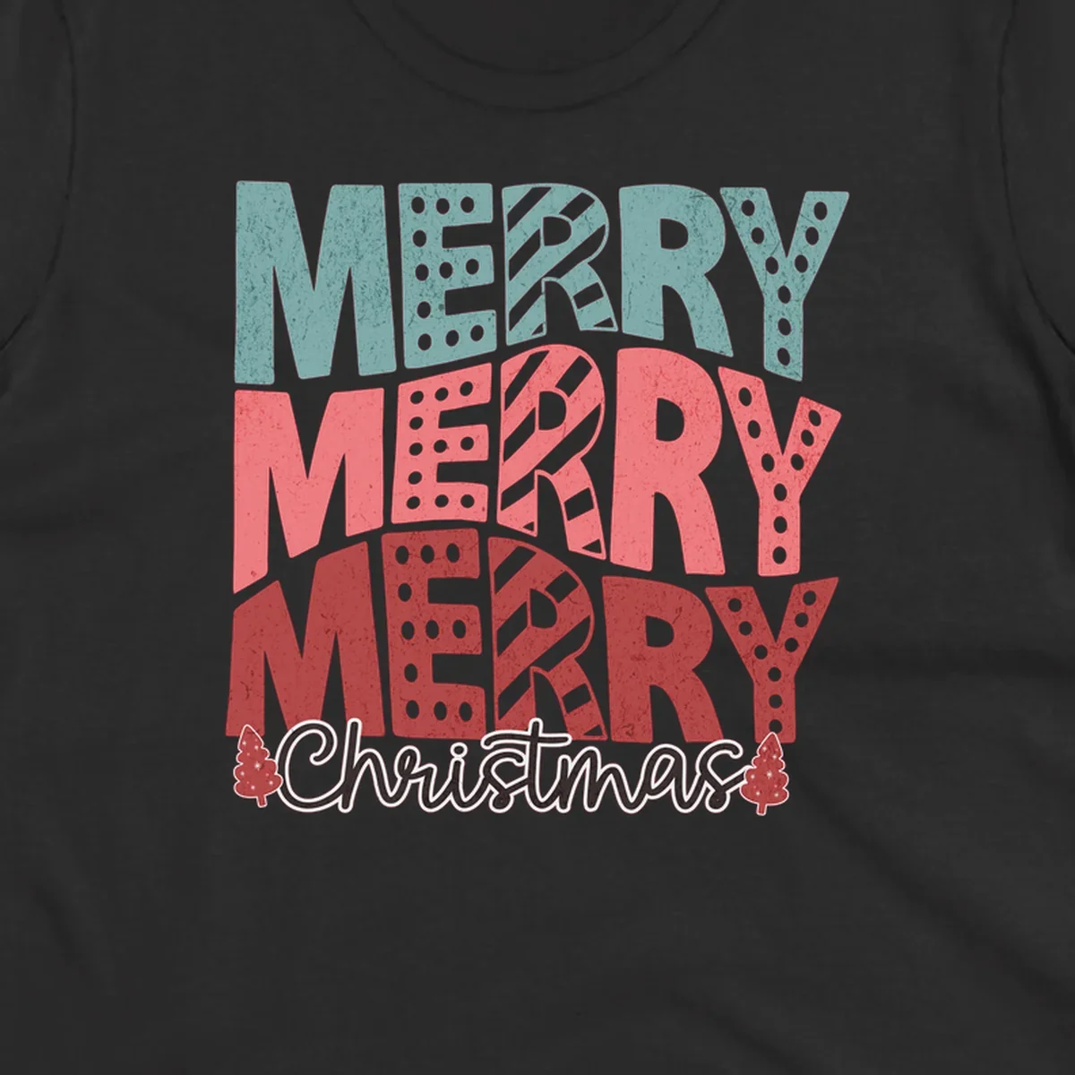 Merry Merry Merry Christmas text design with stacked letters and Christmas trees.