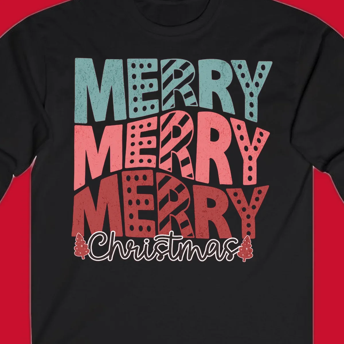 Merry Merry Merry Christmas text design with stacked letters and Christmas trees.