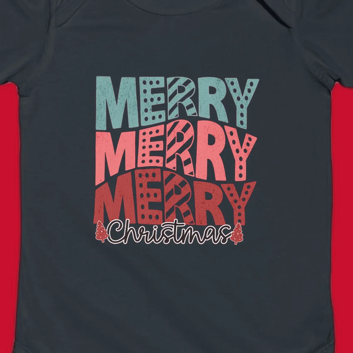 Merry Merry Merry Christmas text design with stacked letters and Christmas trees.