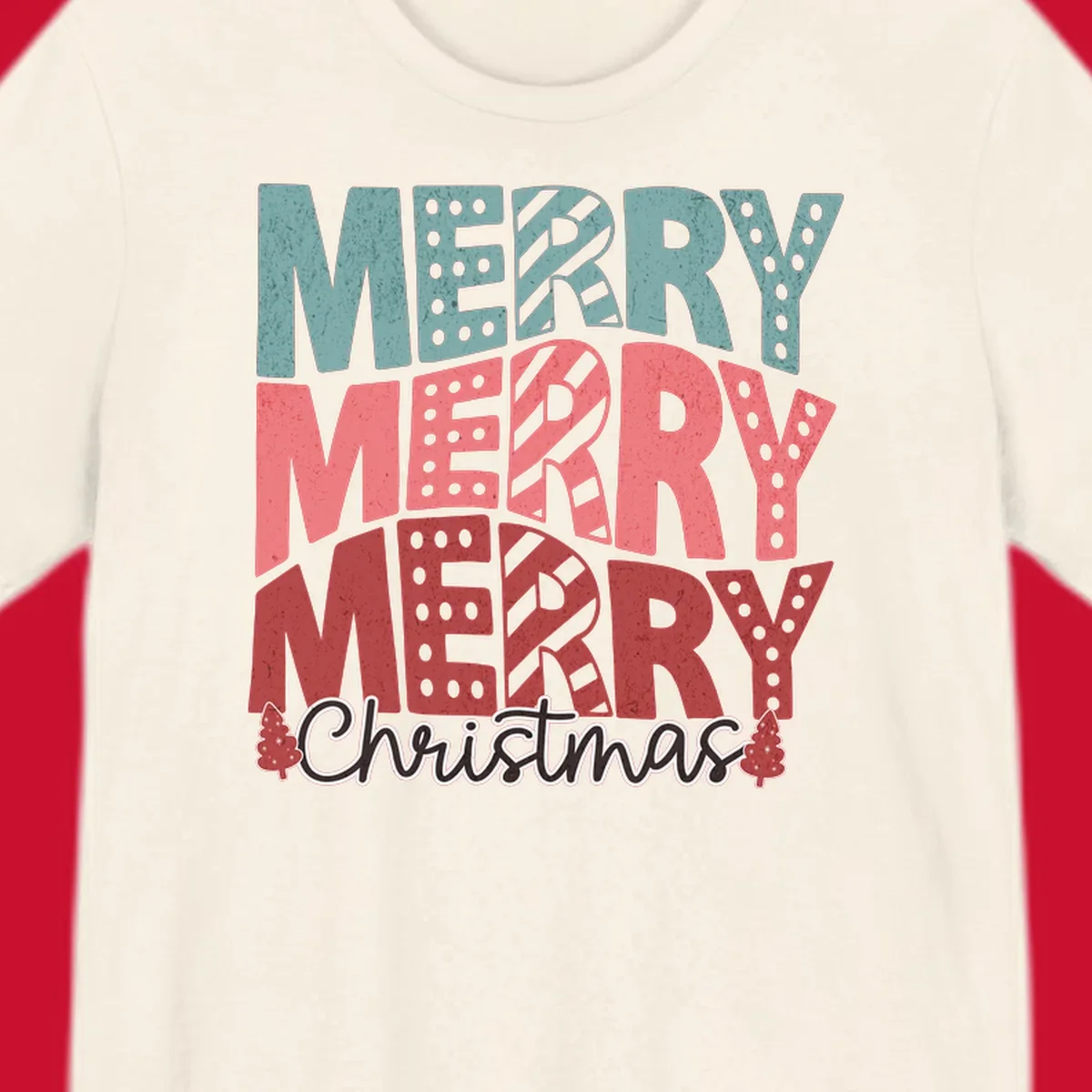 Merry Merry Merry Christmas text design with stacked letters and Christmas trees.