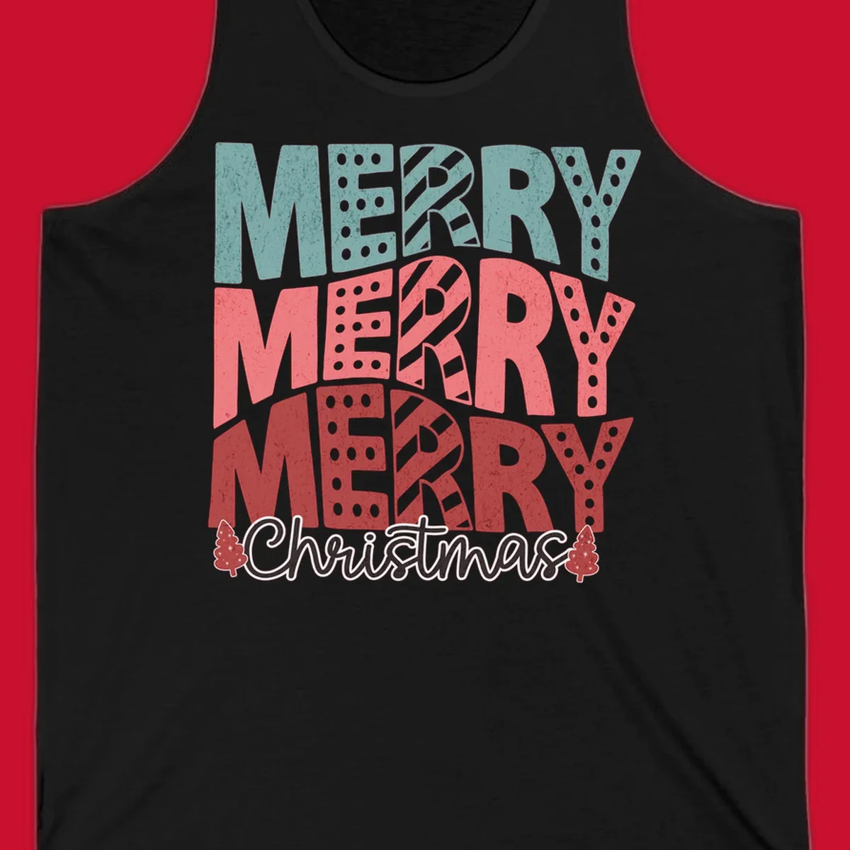 Merry Merry Merry Christmas text design with stacked letters and Christmas trees.