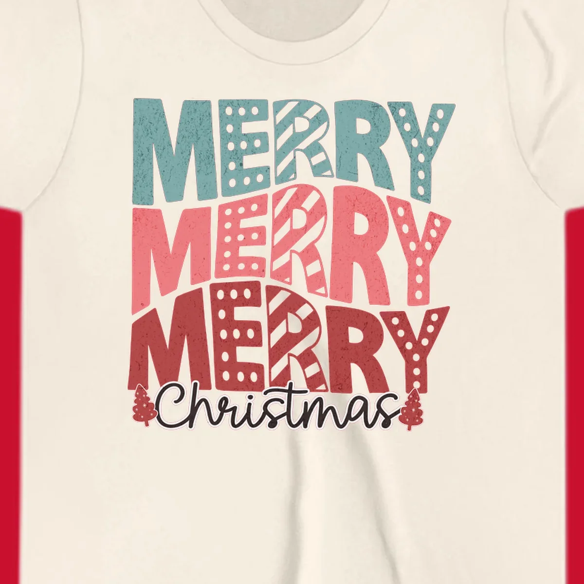 Merry Merry Merry Christmas text design with stacked letters and Christmas trees.