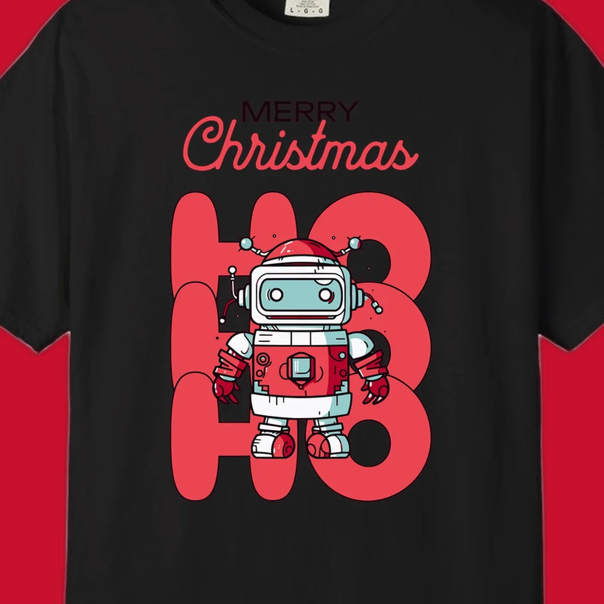 Robot wearing a Santa hat with Merry Christmas text and HO HO HO background.