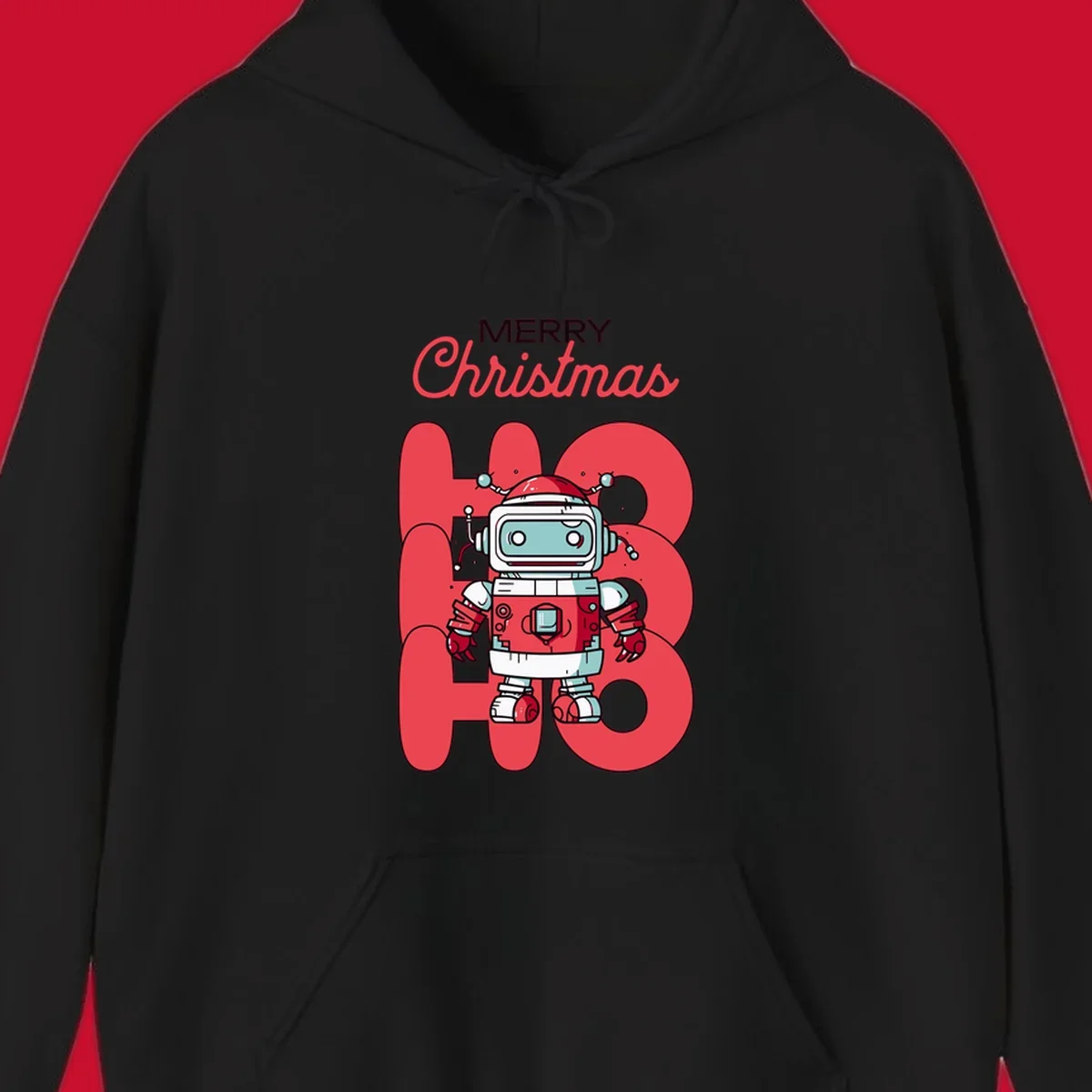 Robot wearing a Santa hat with Merry Christmas text and HO HO HO background.