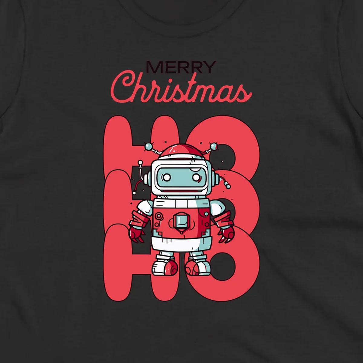 Robot wearing a Santa hat with Merry Christmas text and HO HO HO background.