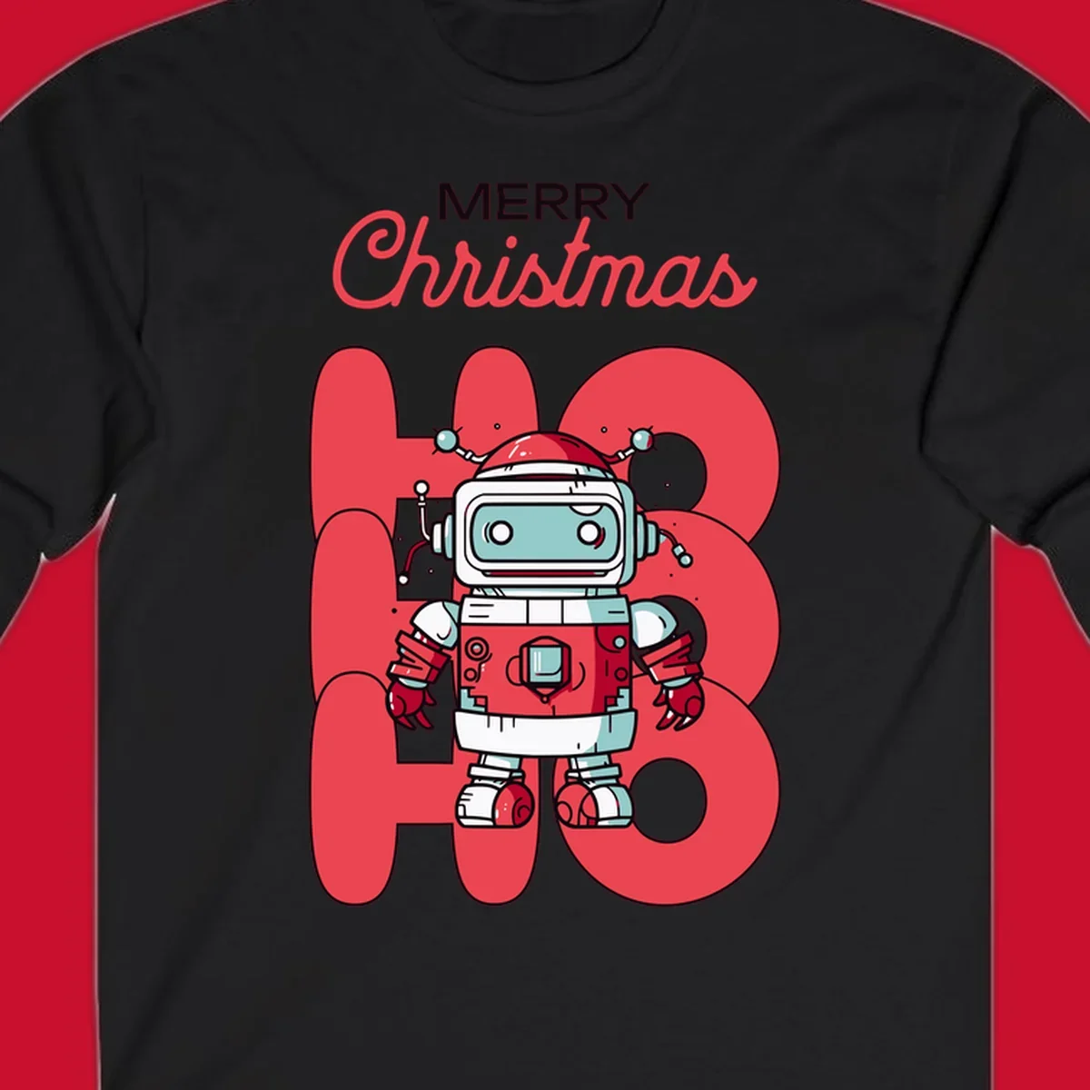 Robot wearing a Santa hat with Merry Christmas text and HO HO HO background.