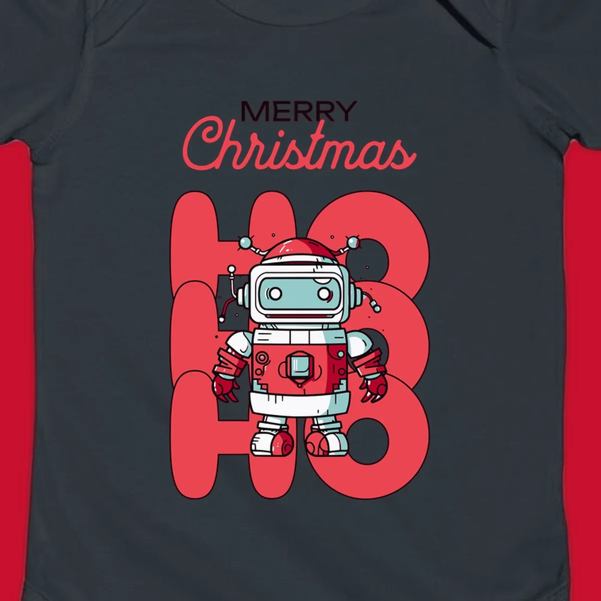 Robot wearing a Santa hat with Merry Christmas text and HO HO HO background.